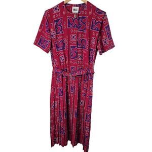 Vintage Leslie Fay Dress Size 10 Pink Purple 80s Pleated Midi Belted Preppy